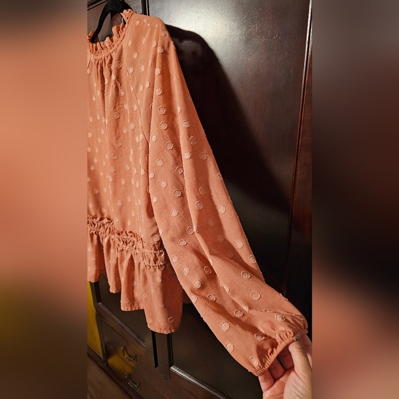 Rachel & Zoe XL Smocked Peplum Ruffled Swiss Dot Blouse Mandarin Collar NWOT - Picture 4 of 12